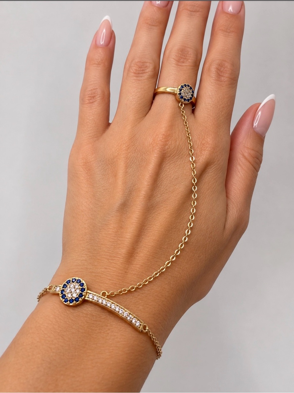 Gold Hand Chain Bracelet with Blue and White Stones - Women Jewelry